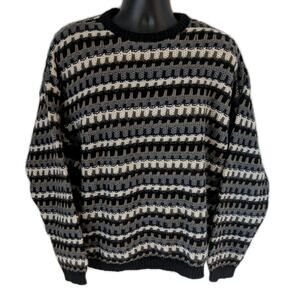 Vintage Cuggi Pure New Wool Sweater L Gray Black Cream Textured Knit Coogi Style